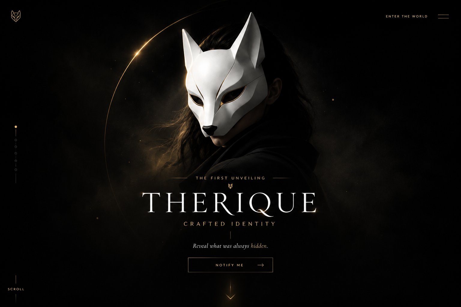 Figure wearing the white THERIQUE fox mask, emerging from darkness